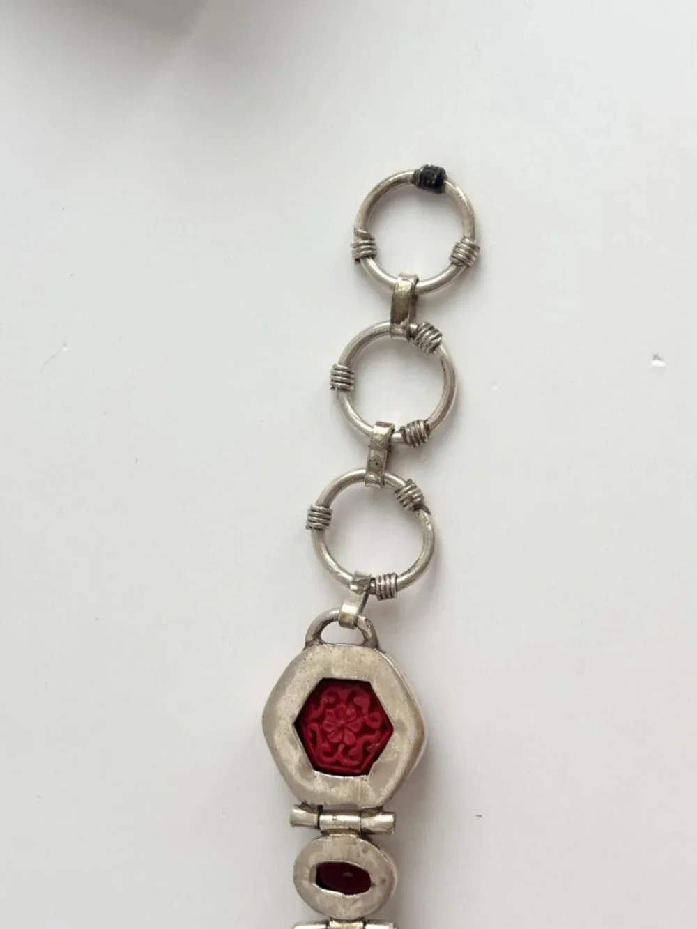 Cinnabar Hand Carved Sterling Silver Octagon Vintage Chainlink 925 Bracelet